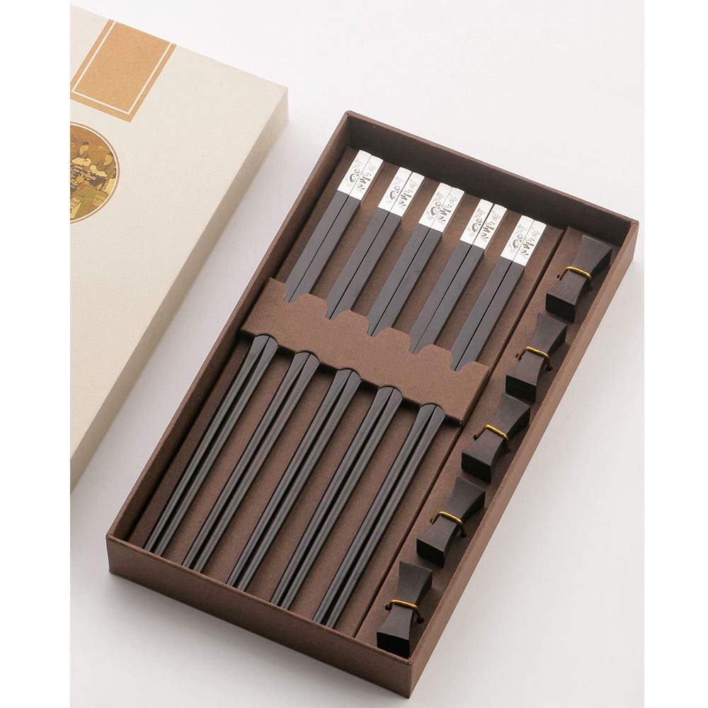Chopsticks - Panda Chinese Style Redwood Chopsticks, High-end Home Fast, Purple Light Inlaid Silver Gift Box Set Gift, Five Pairs, Length 25cm Collections
