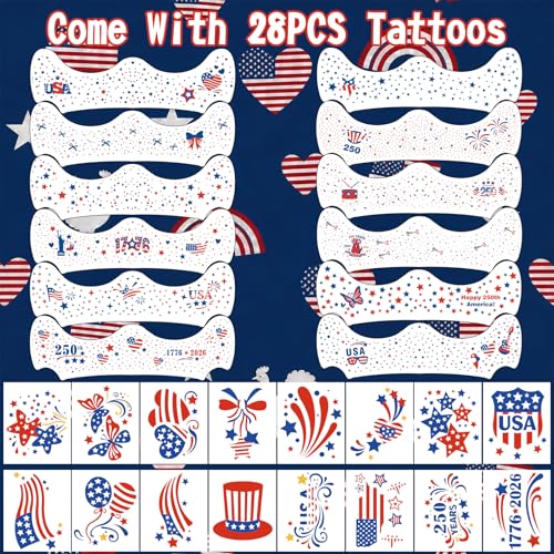 Image of 28PCS 4th of July Face Tattoos, Red White Blue Glitter Freckles Stars Stripes USA Flag Temporary Tattoos, Patriotic Face Stickers for Women Kids, Independence Day Party Makeup Accessories