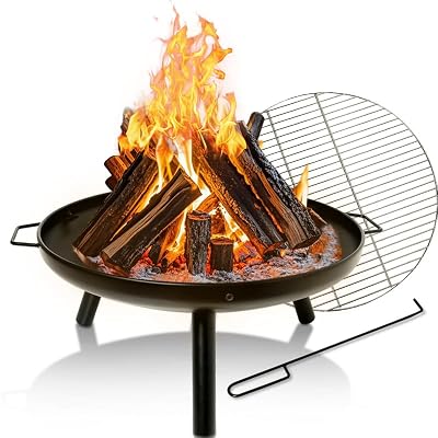 23 Inch Outdoor Fire Pit: Charcoal Grill Durable Wood Burning Fireplace Bowl with Grill Rack for Patio Garden, Backyard, Porch, Camping, BBQ, Picnic Bonfire
