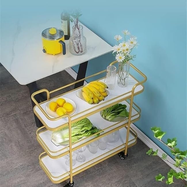Storage Cart For Variety Applications 3 Tier Kitchen Storage Cart Iron Storage Trolley With Wheels Rolling Cart Eco-Board Serving Cart For Home Hotel Bathroom Kitchen(Gold+White-58*30*80Cm)-pRSF0WIx