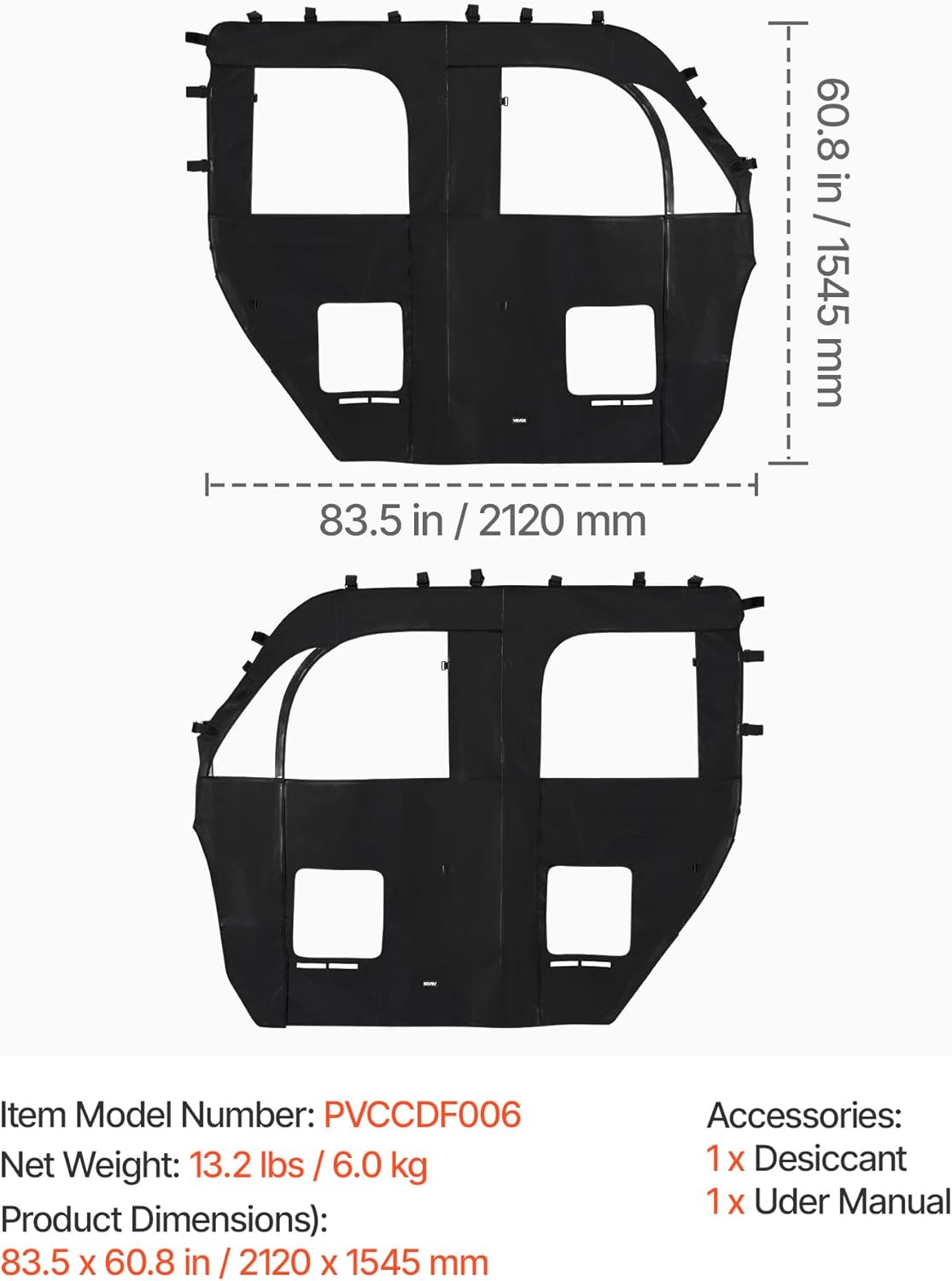 VEVOR Cab Enclosure Upper Doors, Compatible with CFMOTO Uforce 1000 XL 2022-2024, Soft Upper Doors, Windproof Waterproof Upgraded Zipper UTV Soft Side Window Kit, Fit with Side Mirrors and Windshields