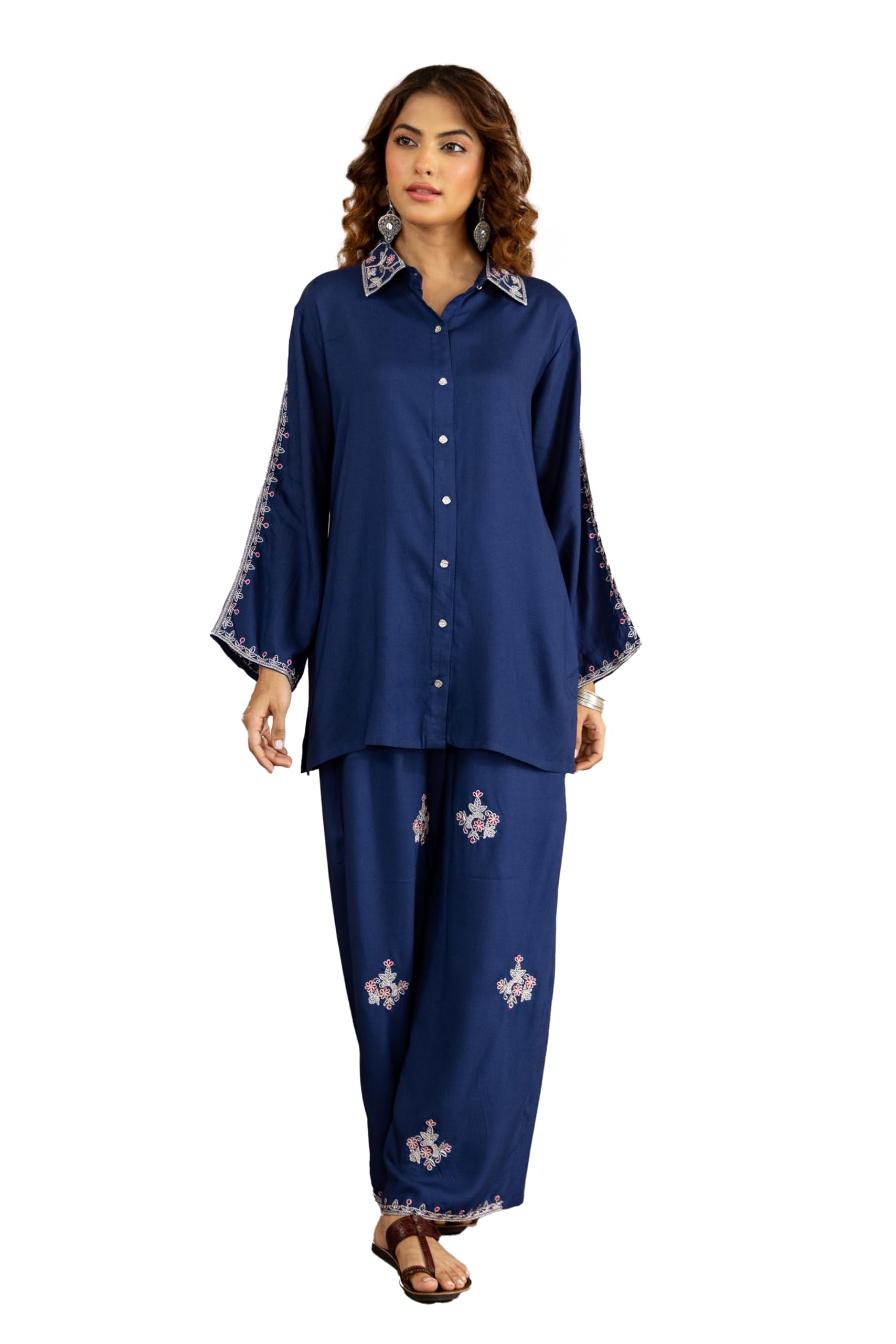 Women's Blue German Rayon Tunic & 1 Pant Co-Ords Set