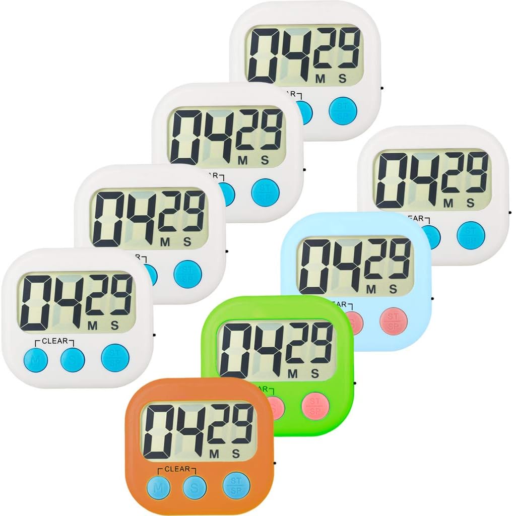 Kitchen Timer 8 Pack Small Digital Electronic Loud Alarm, Magnetic Backing, ON/OFF Switch, Minute Second Countdown, White, Blue and Orange (8pcs with 3 Colors)