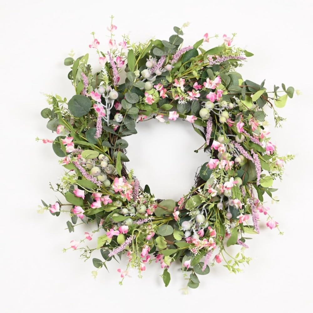 Pink Spring Summer Wreath for Front Door, 20 Inch Artificial Floral Wreath with Eucalyptus Leaves and Berries, Farmhouse Wall Entryway Decor
