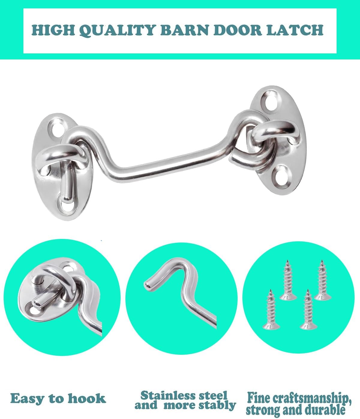 6'' Barn Door Lock, 2 Pcs Door Lock Heavy Duty Solid Thicken Stainless Steel Gate Latch, Cabin Hooks and Eye Latch with Mounting Screws for Window, Cabin Hooks, Sliding Door, Bedroom, Bathroom