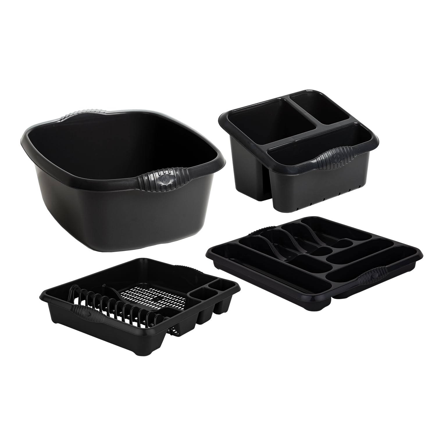 M1ss Black - 4 Piece Casa Plastic Kitchen Set (38Cm Rectangular Bowl, Large Cutlery Tray, Large Dish Drainer & Sink Tidy) Perfect For Kitchen Organisation Home And Restaurants