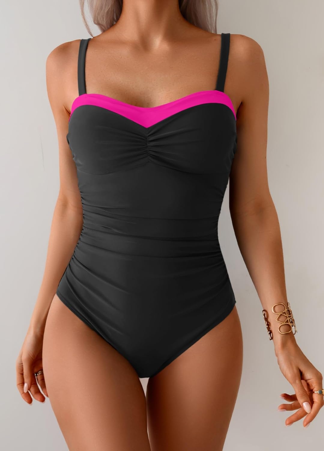 One Piece Swimsuit Tummy Control Color Block Bathing Suits for Women Ruched Slimming Swim Suit Tie Back - Image 5