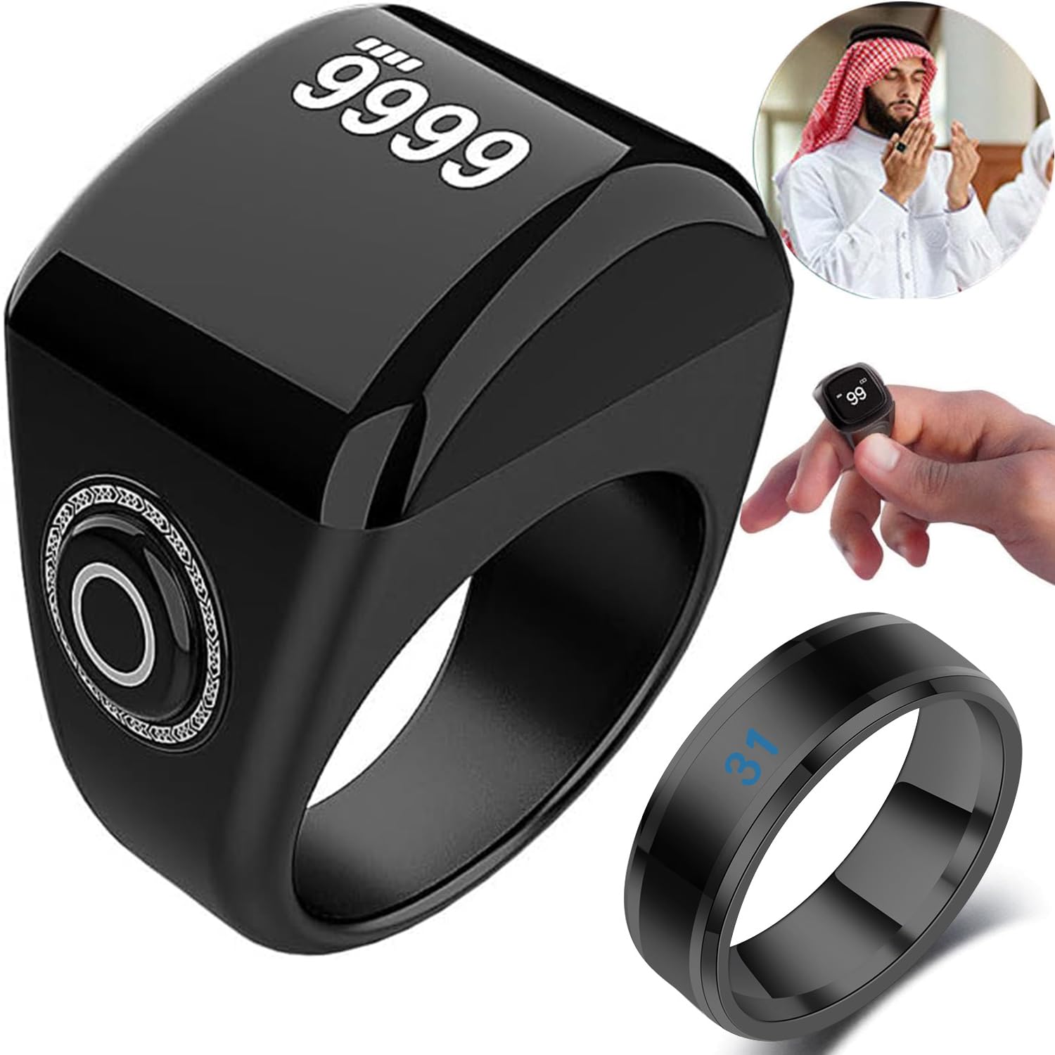 VorsiPro Smart Ring Counter, Tasbih Counter Prayer Smart Rings, Counter Ring Prayer Timing Reminder with OLED Screen, APP Support Black Counter Smart Ring with a stainless steel temperature ring(22)