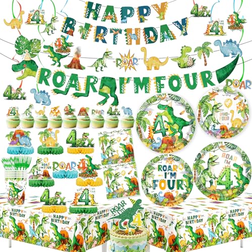 Roar I’m Four Dinosaur 4th Birthday Party Supplies Decorations for Boys Jungle T-rex 4 Rex Tableware Pre-Strung Banners Garland Honeycomb Centerpieces Talbelcoth Hanging Swirls Cupcake Topper Serve 25