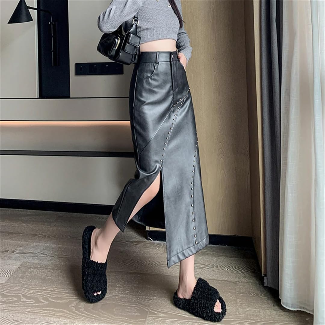Wjnvfioo Otoño Invierno Faux PU Cuero Rivet Mujeres Faldas Largas de Cintura Alta Clásica Frente Split Straight Faldas