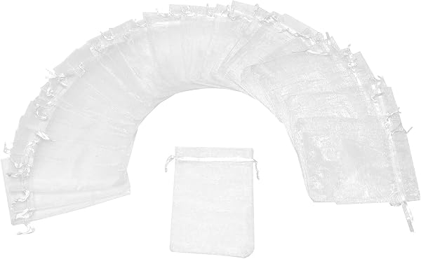 Bezall's 50-piece set of 3x4 inch white organza bags, featuring a convenient satin drawstring for party favours and gift packaging.