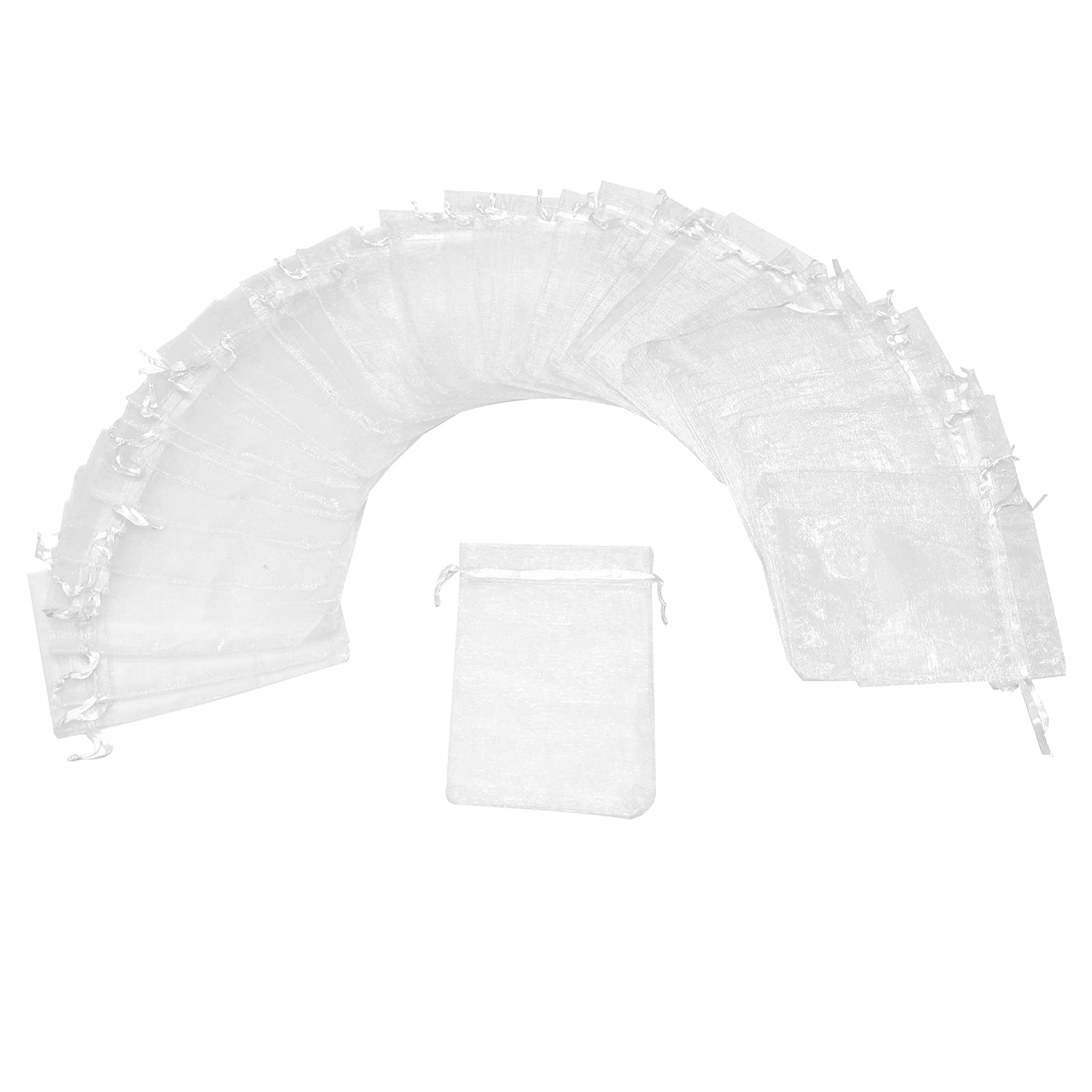 Bezall's 50-piece set of 3x4 inch white organza bags, featuring a convenient satin drawstring for party favours and gift packaging.