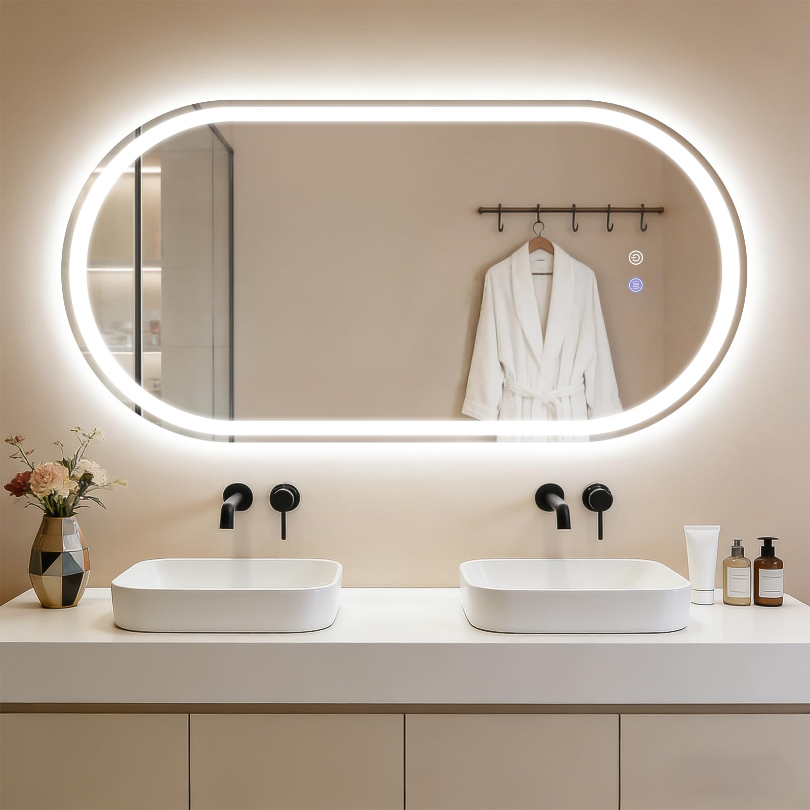 Espejo de baño ovalado con iluminación, espejo de baño LED, 60 x 120 cm, espejo de pared para cuarto de baño con interruptor táctil, función de desenfoque, IP44, regulable, 3000 K-6500 K