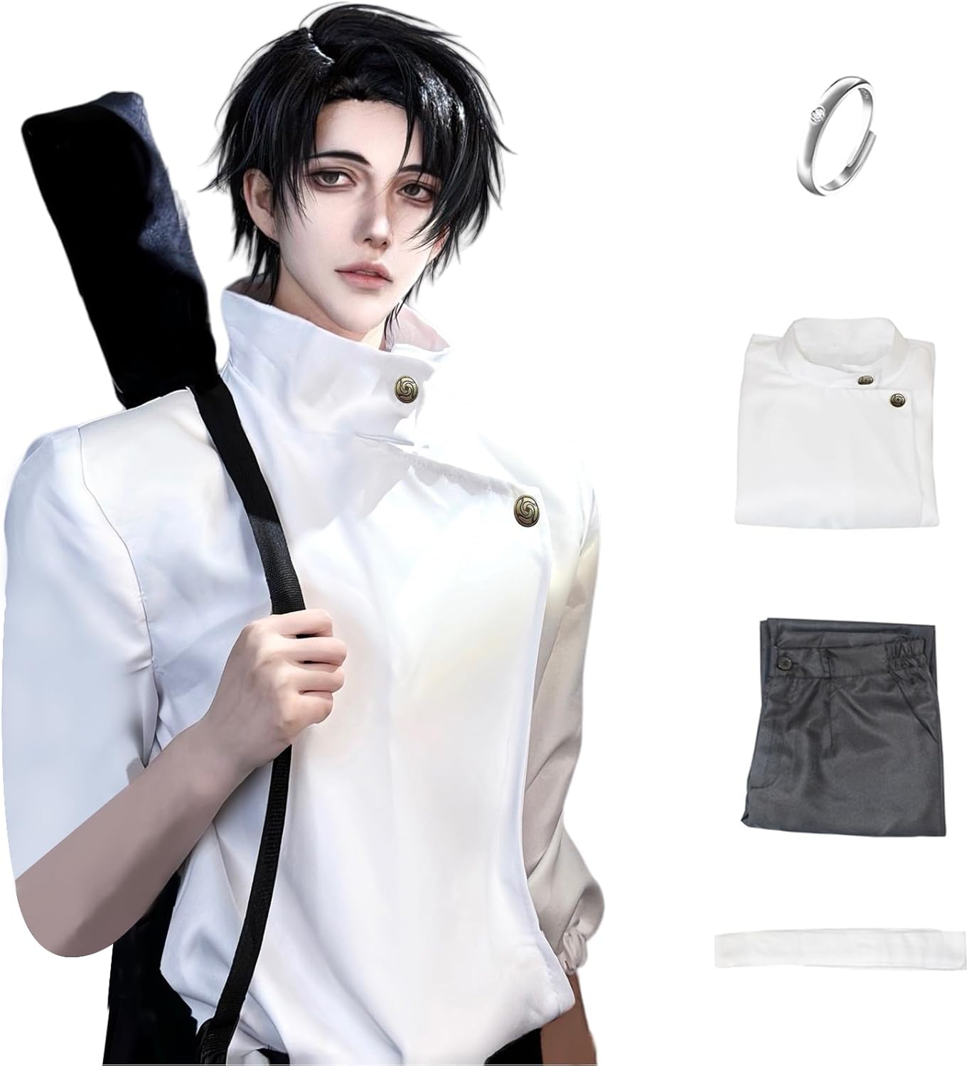 Men Anime JJK Cosplay Costume Uniform Tops Pants Suit Halloween Outfits Full Set with Ring