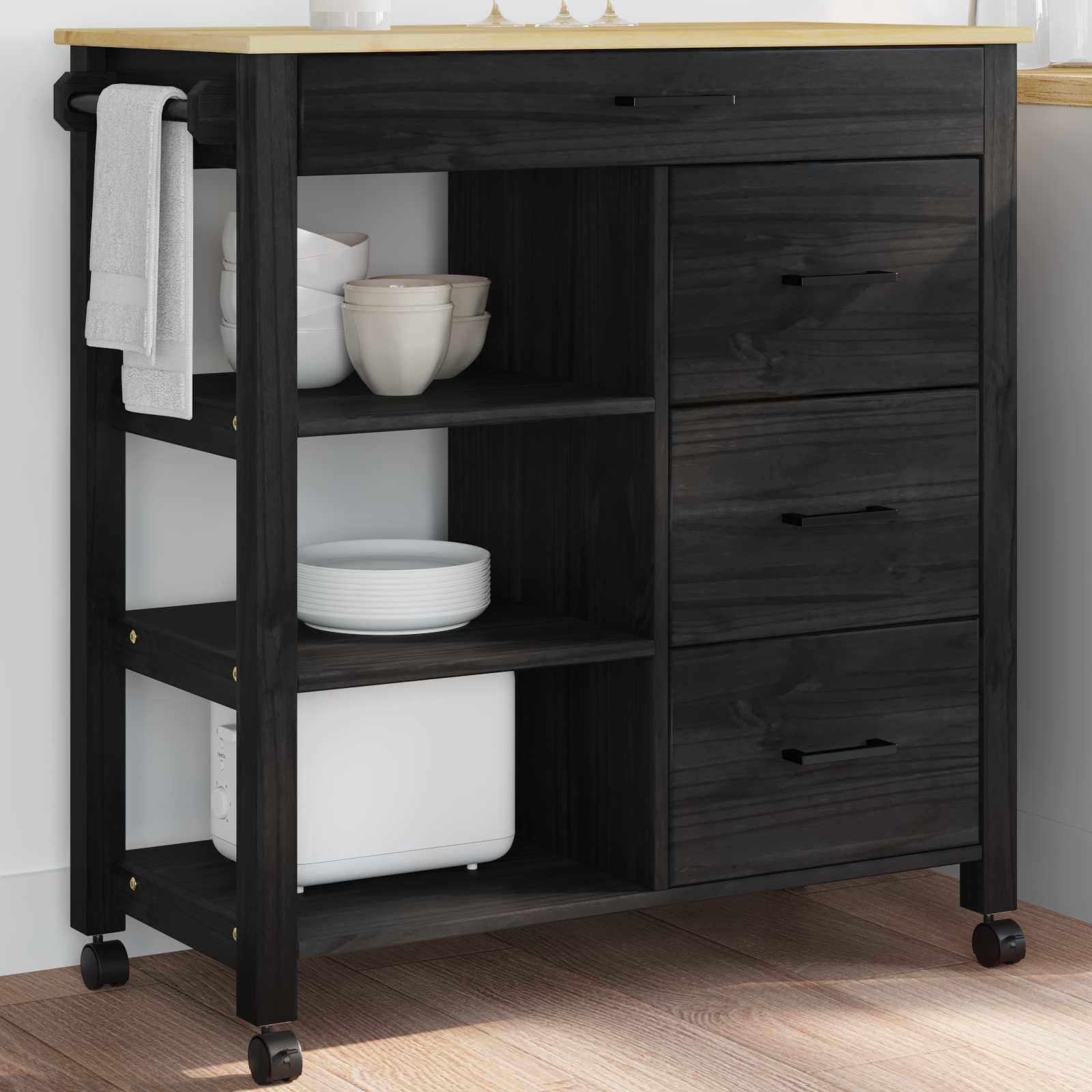 Chariot de Cuisine en Pin Massif Noir 84x40x88,5 cm avec Roulettes