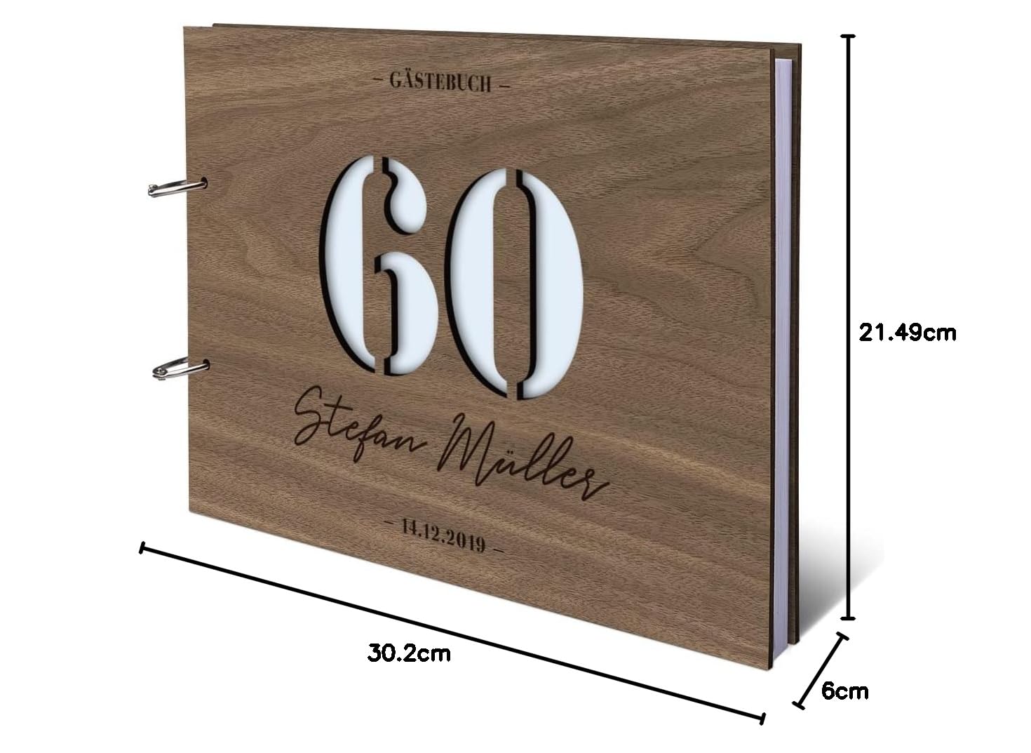 Individuelles Gästebuch zum 60. Geburtstag – Echtes Holz mit Persönlicher Gravur, Zahl ausgestanzt – hochwertige 72 Blatt / 144 Naturpapier Seiten, DIN A4 Quer – Ideal für bleibende Erinnerungen