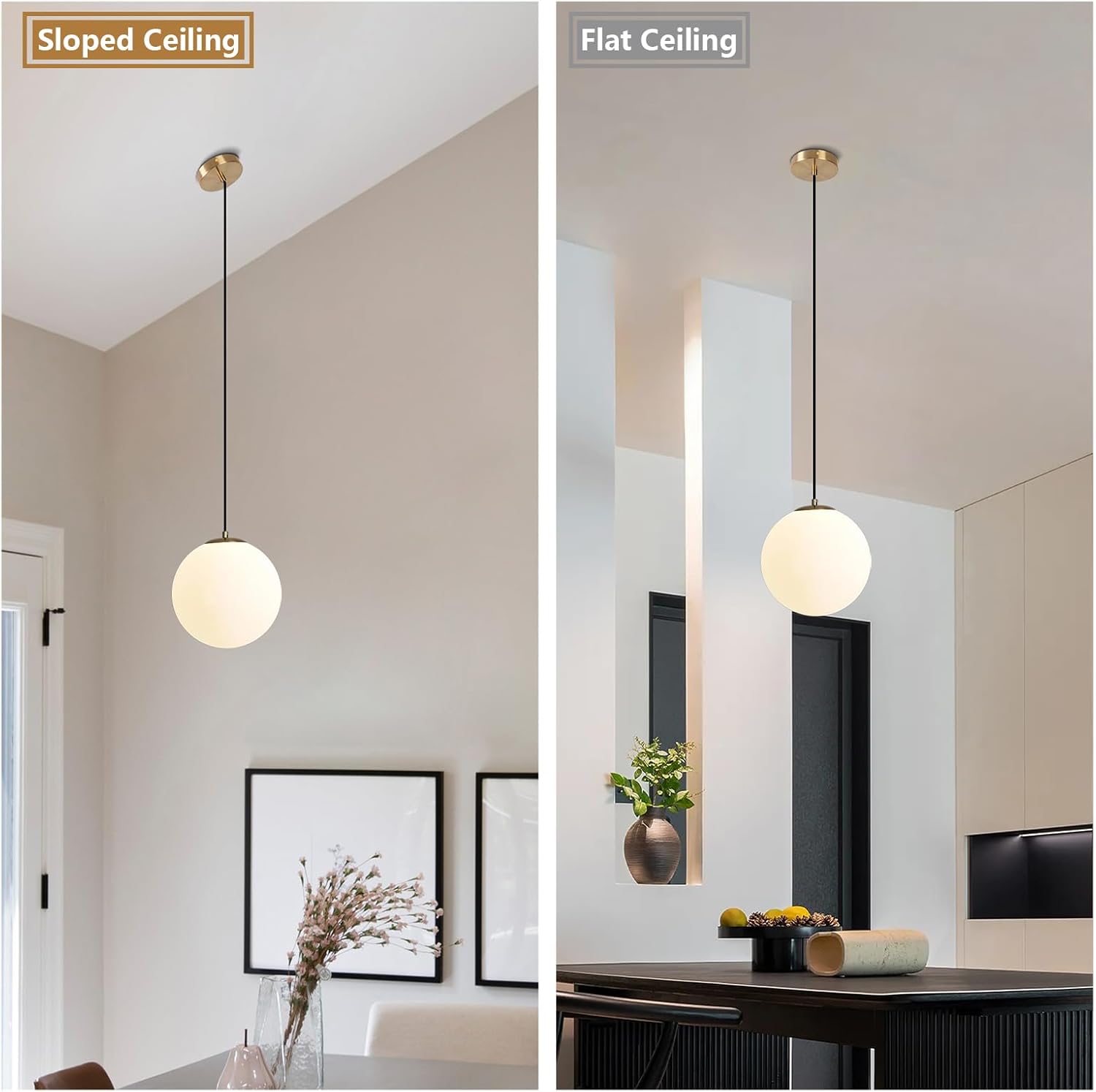 Globe Pendant Light Gold Modern Hanging Light 10 Inch Brass Pendant Lighting Milk Glass Mid Century Light Fixtures for Bedroom Dining Room Living Room Kitchen Island