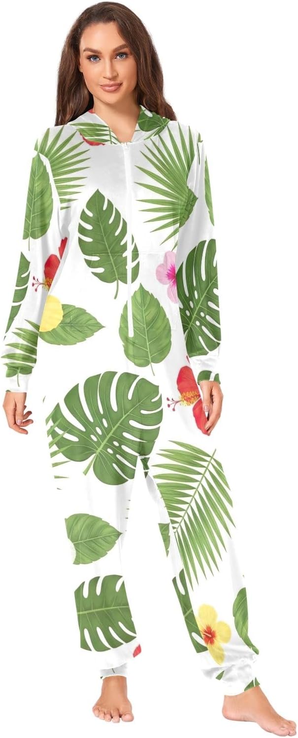 Tropical Leaves Hibiscus Flowers Adult Onesie Pajamas, Jumpsuit Costume Sleepwear, Plush Loungewear for Men Women