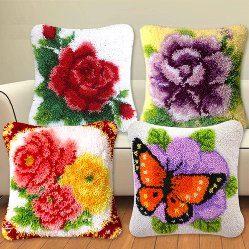 Latch Hook Kits Pillow Cover for Beginner Forest, Squirrel Color Printed Canvas Yarn Crocheting Carpet Cushion Embroidery Hook and Latch Pillowcase Sofa Decoration 43x43cm 2