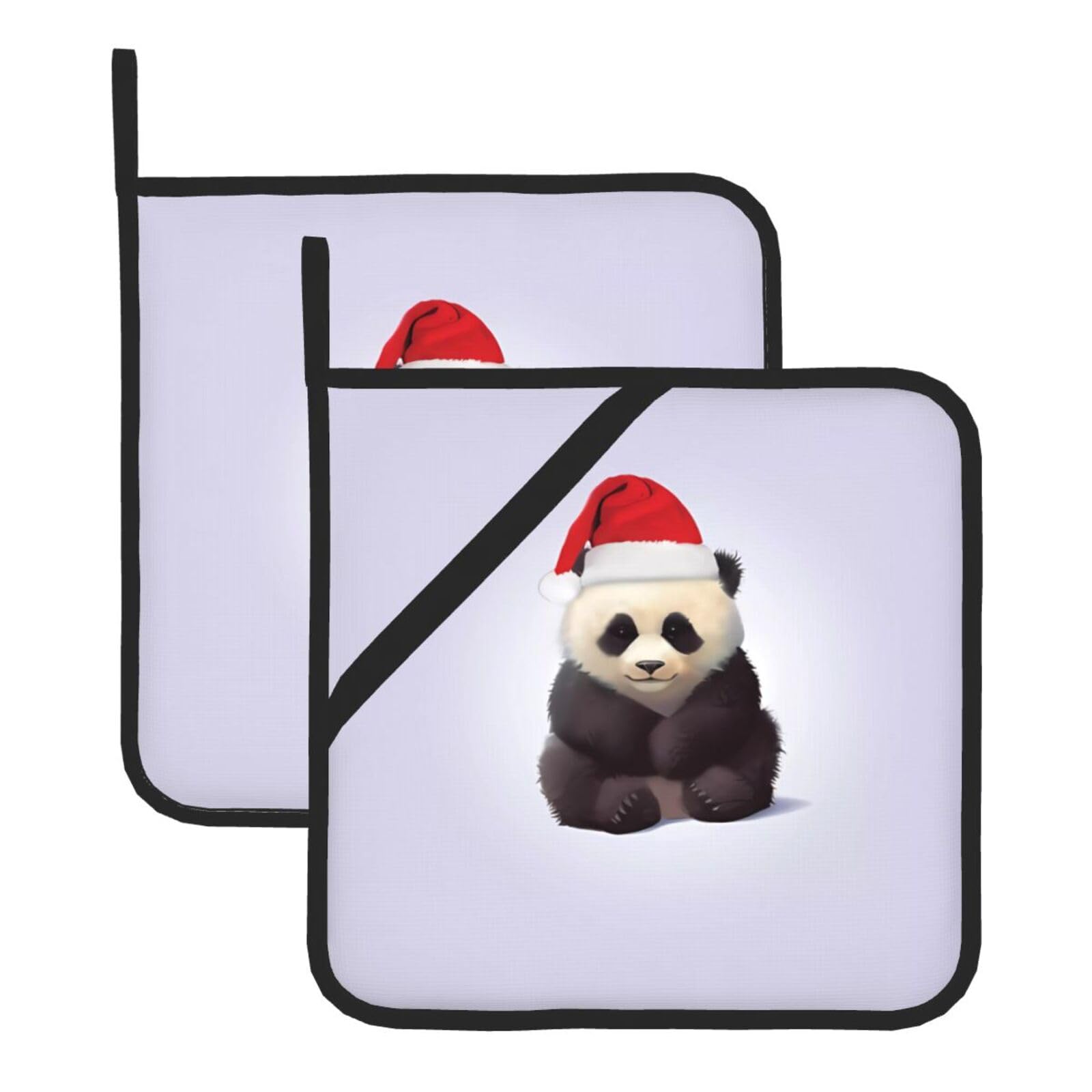 YYHWHJDE Panda Wearing Santa Prints Square Hot Pads for Kitchen Counter - Waterproof Pot Holders with Hanging Loop, Durable Trivets for Microwave Oven - 2 Pack