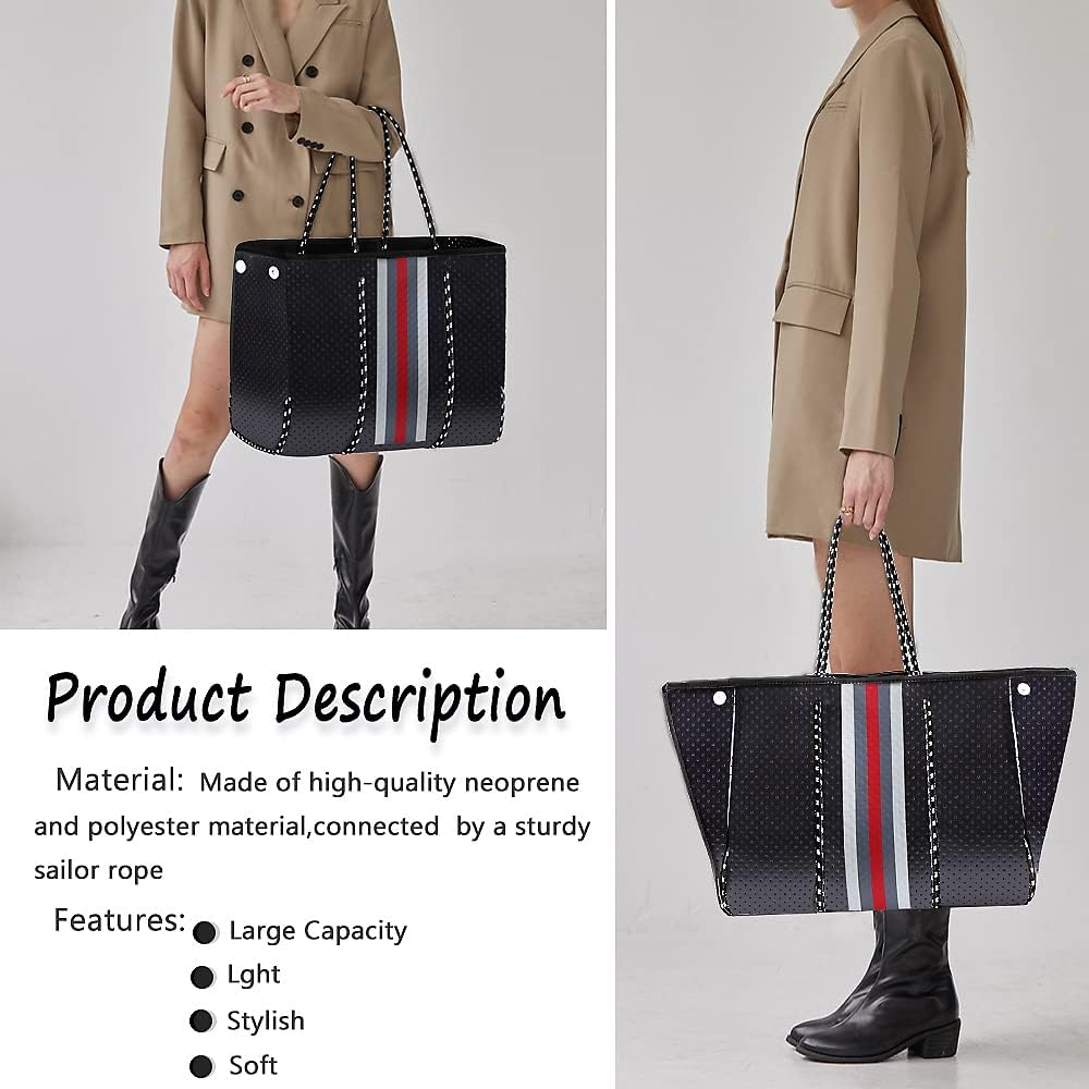 Tote Bag For Women, Multipurpose Neoprene Tote Bag, Beach Bags Waterproof Sandproof, Large Tote Bag with Portable Wallet for Beach, Swimming, Gym Bag, Travel （Bright Black）