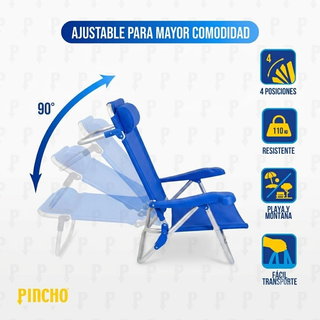 Pincho Silla Playa Plegable Ligera, Reclinable Azul con Cojin, Estructura Aluminio Resistente y Ligera, Asiento Bajo Comodo, Diseno Plegable con Reposabrazos – Ideal Verano y Jardin (2)