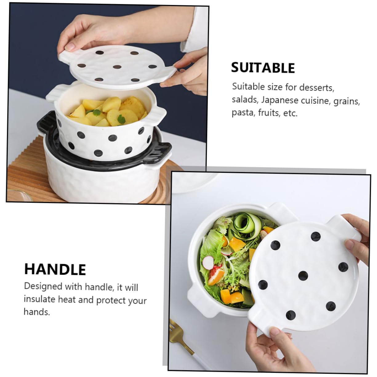 COLLBATH Ceramic Noodle Bowl with Lid Multi Functional Food Serving Dish Dot Design for Baking Cooking and Storage Lightweight and Kitchen Essential