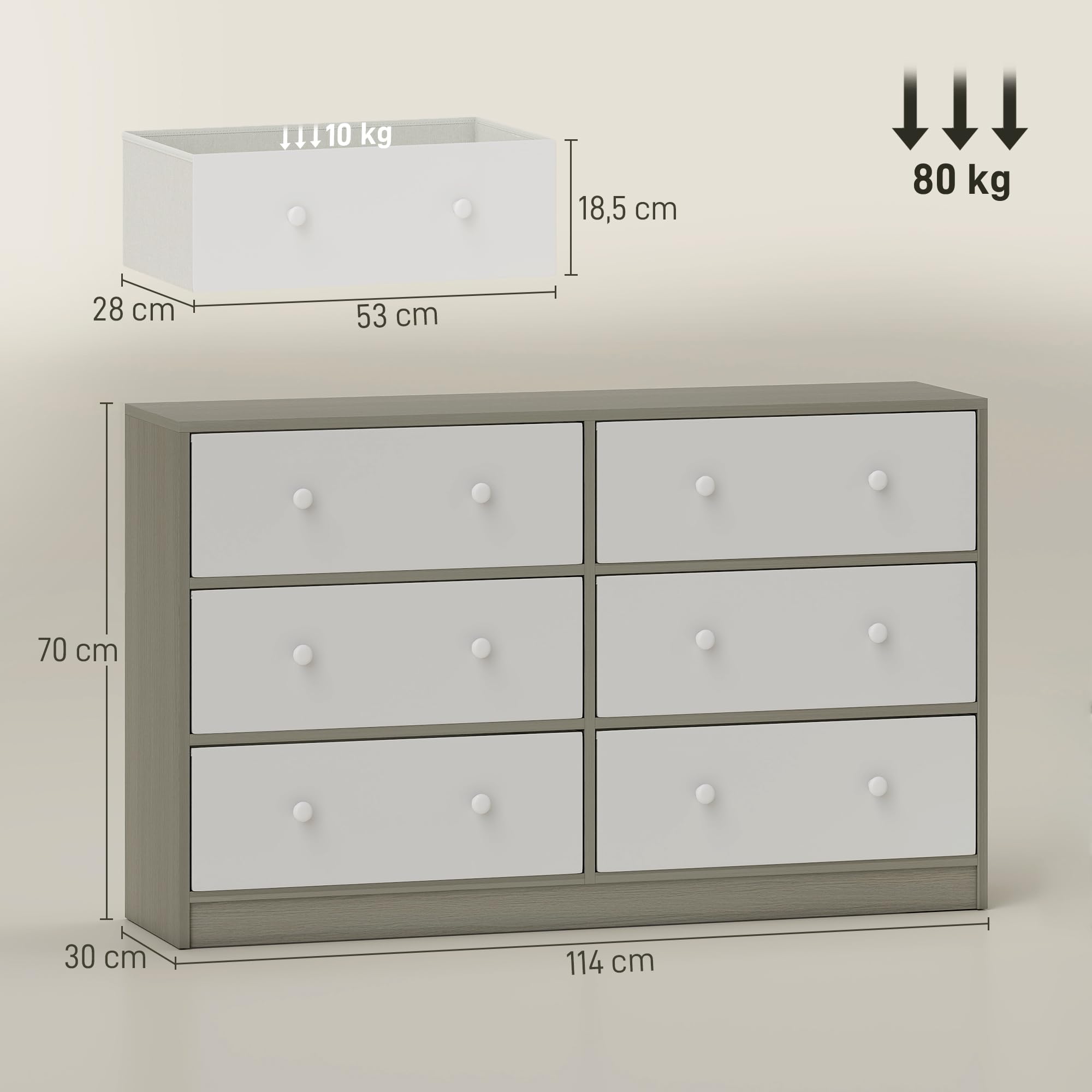 HOMCOM Cómoda con 6 Cajones de Tela, Cómoda para Dormitorio, Marco de Acero y MDF, Cajonera para Salón, Oficina, Vestidor, Blanco y Gris