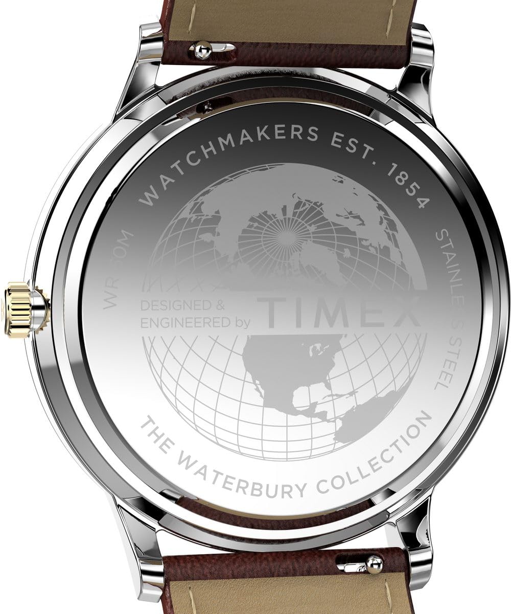 Timex Waterbury Classic Moon Phase Tw2W75600 Zegarek Męski, 40 mm, Brązowy Pasek ze Skóry Wegańskiej, Niebieska Tarcza i Koperta ze Stali Nierdzewnej