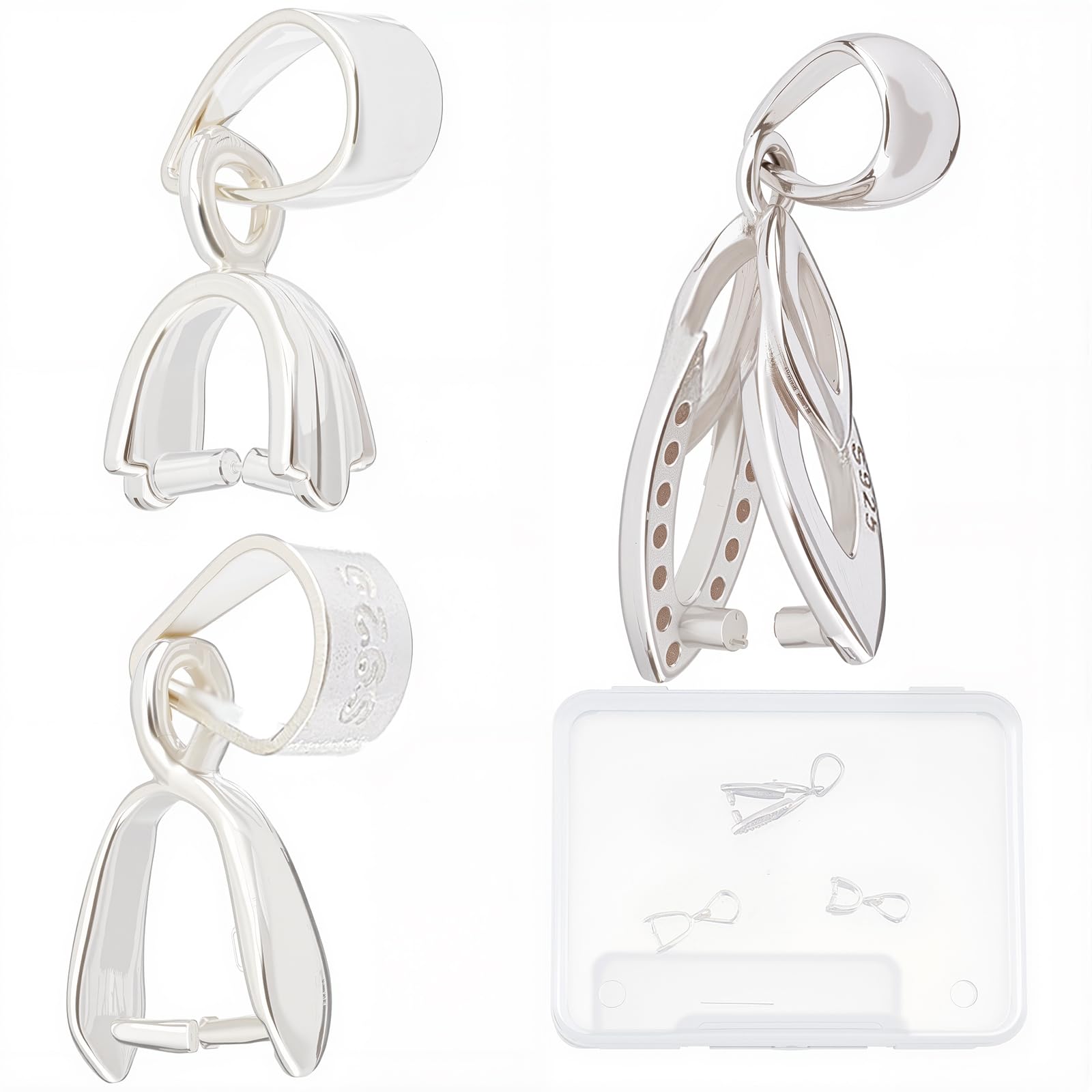 SUNNYCLUE 1 Box 3 Styles 925 Sterling Silver Pinch Bail Pinch Clip Clasp Bail Connector Metal Finish Clasps Findings for Jewellery Making Accessories Necklace Bracelet DIY Craft Supplies
