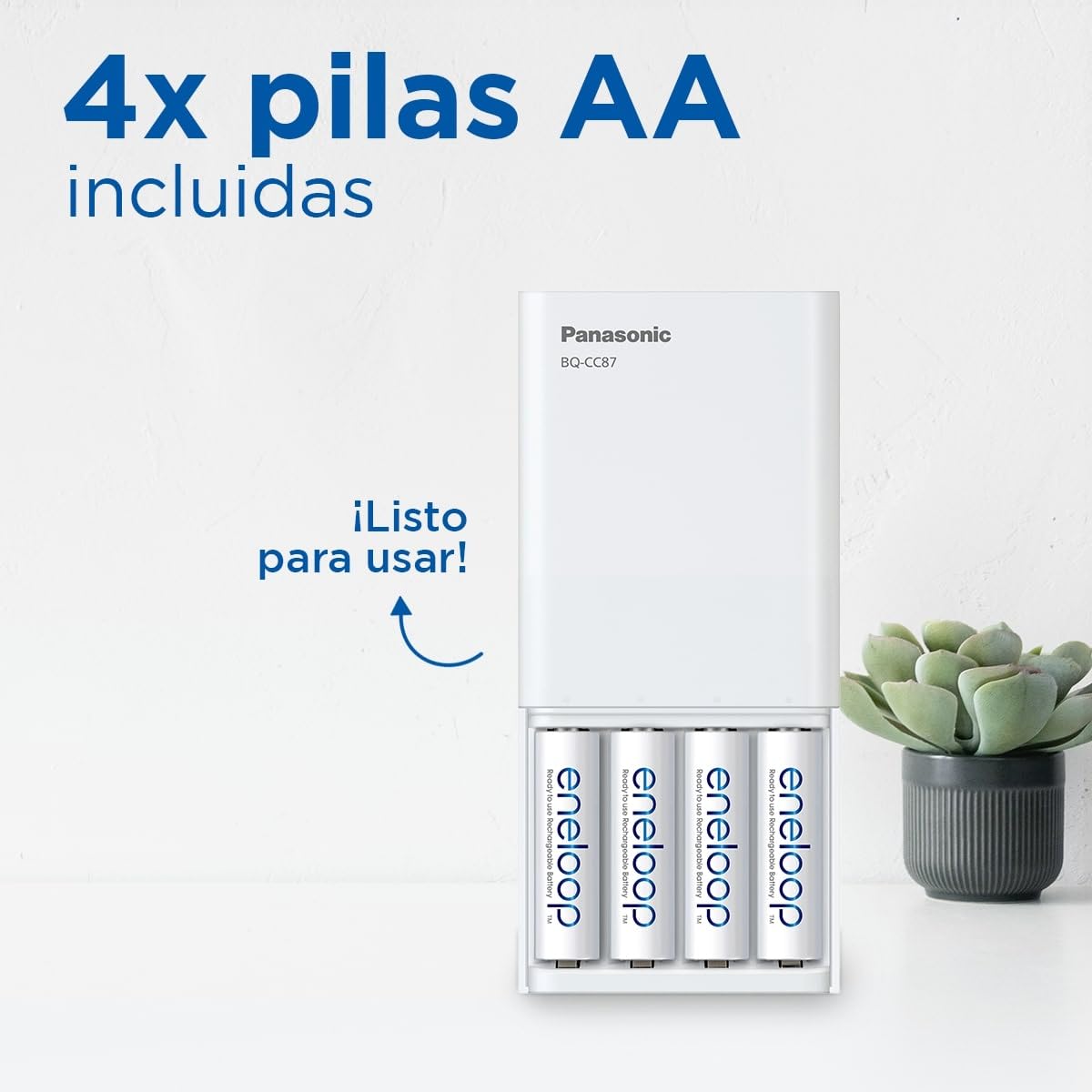 eneloop SmartPlus Travel Cargador USB, para 1-4 Pilas Recargables AA/AAA, 2.25h de Tiempo de Carga, 10 Funciones de Seguridad, 4 Pilas eneloop AA (2000 mAh) Incluidas