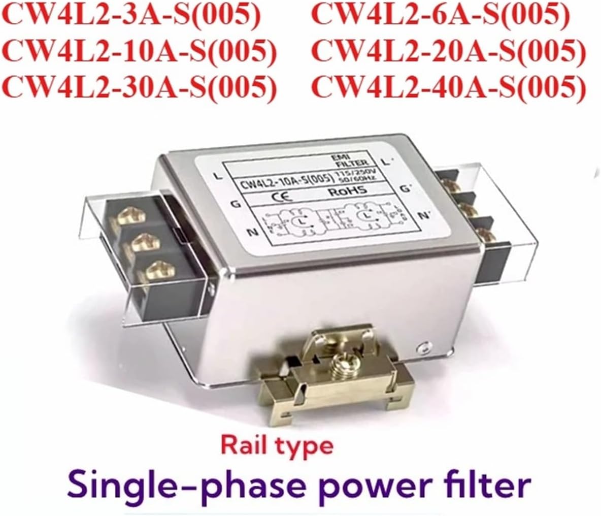 Single-Phase Power Filter Power Filter CW4L2-S(005) 3A to 40A 220V AC Dual Extreme sub-Stage Rail Type electromagnetic Interference Purifier CW4L2-10A-S(CW4L2-6A-S(005),Rail Type)