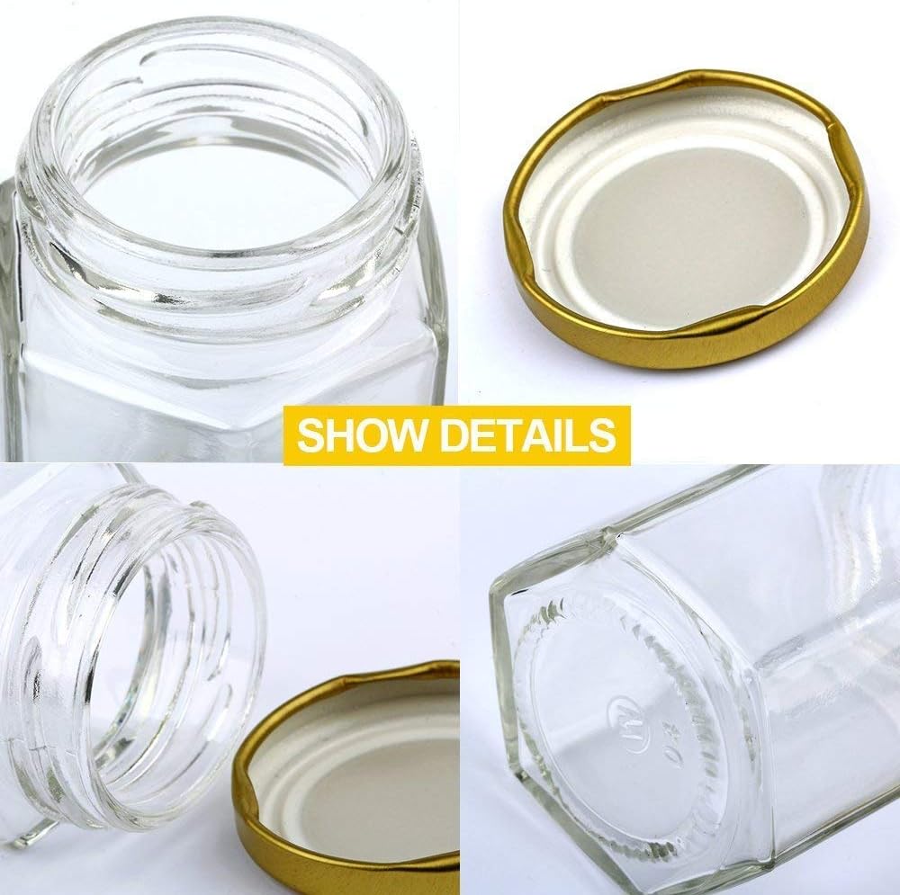 6 oz Clear Hexagon Jars,Small Glass Honey Jars With Lids(Golden),Mason Jars For Herbs,Foods,Jams,Liquid, Canning Jars Spice Jar For Storage 25 Pack