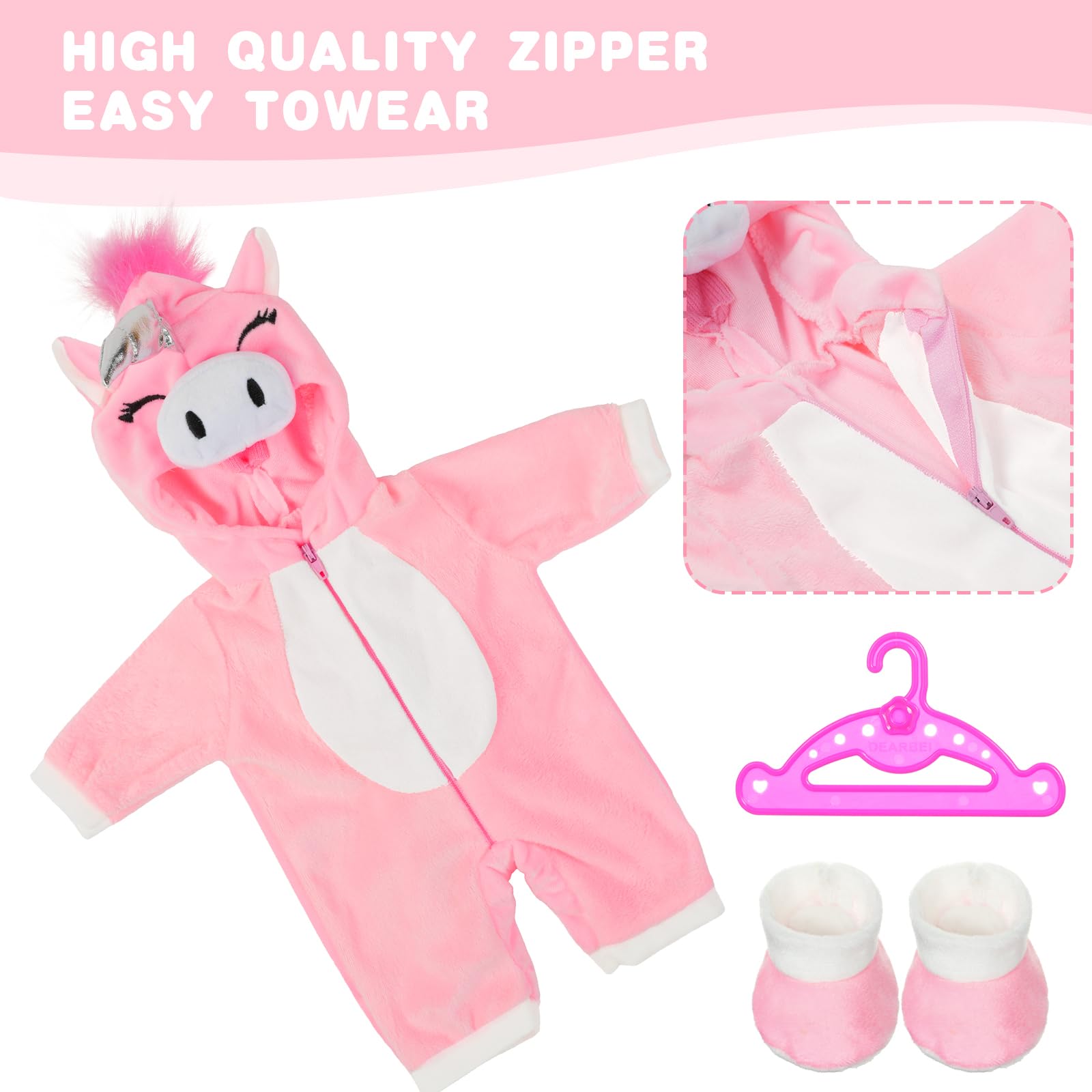 Aolso Vestiti per Bambole per New Born Baby Doll, Abiti per Bambolotti 35-45CM 18" , Pagliaccetti Stampa con Cappello, con 1 paio di Calzini e 1 Gruccia, Unicorno Rosa(Bambola non Inclusa)
