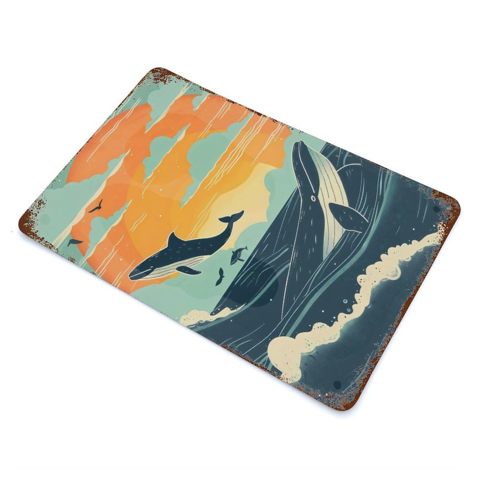 Distressed Metal Wall Sign Whales at Sunset 11.8"x7.9", Vintage Wall Decor for Garage, Bar And Workshop Decor