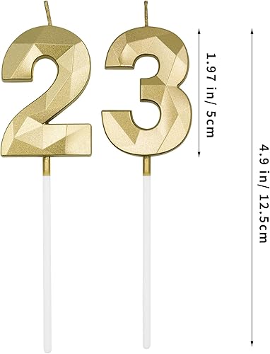 Miniatura 2 de Velas de cumpleaños número 23 y 32 para pastel, velas doradas con forma de diamante 3D con forma de diamante, decoraciones de cumpleaños,