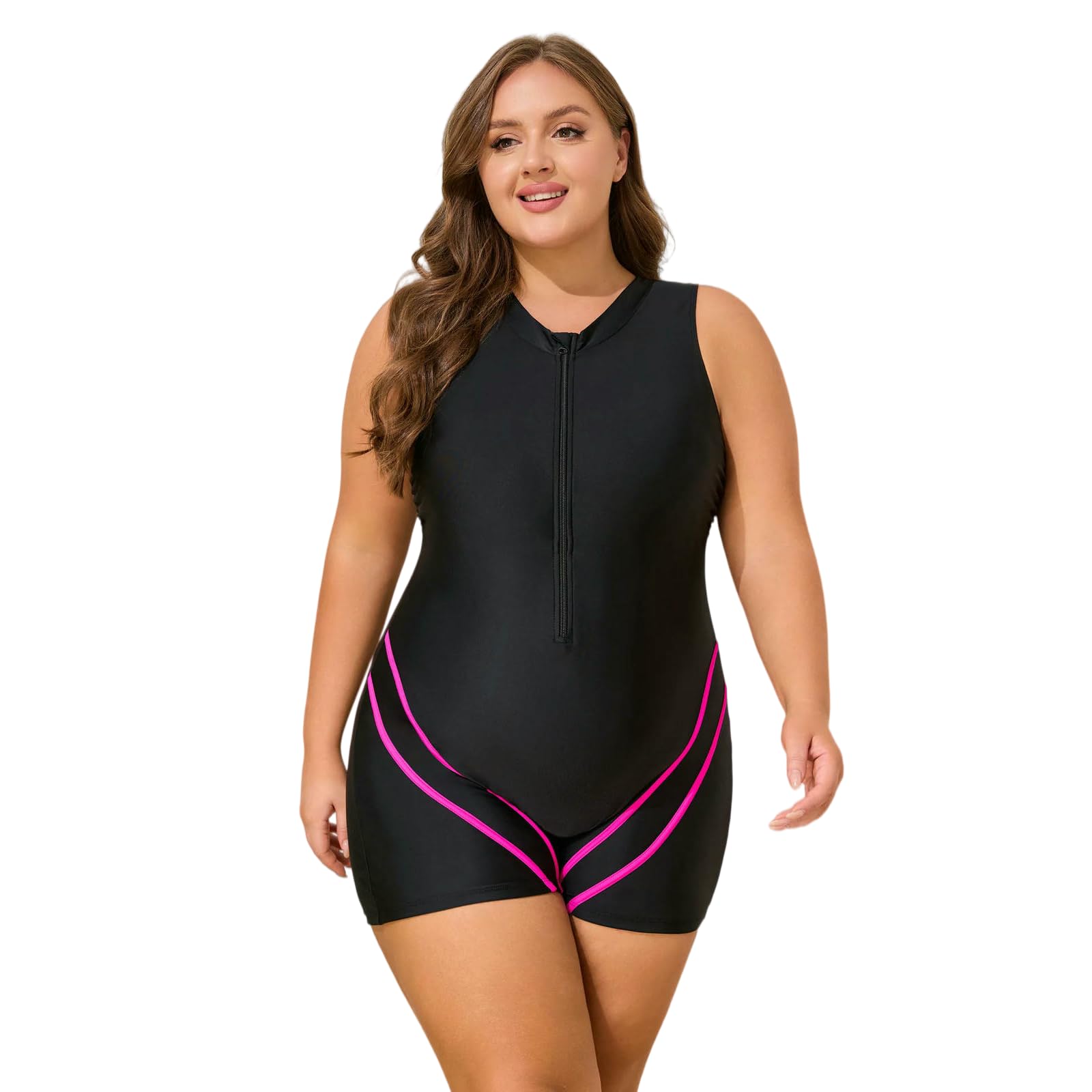 bañador Traje De Baño Frontal con Cremallera Tamaño Más Grande – Mujer Upf50 + Sin Mangas Control del Vientre Una Pieza-Black Pink-4xl