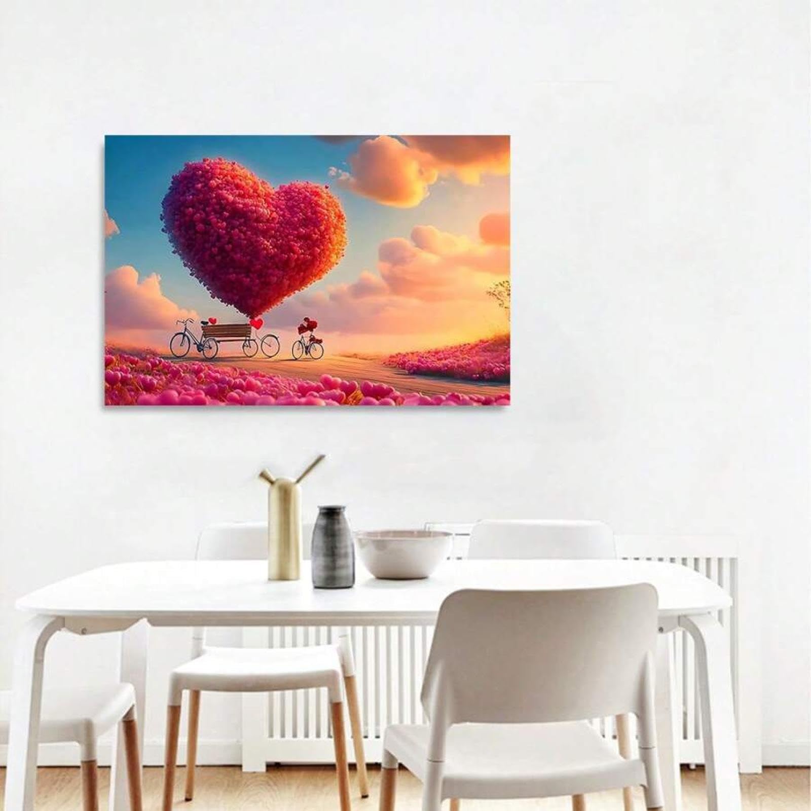 TONGYINLI Plakat na płótnie serce balon i kwiaty czerwone róże rower walentynki druki ścienne do sypialni 60 x 90 cm bez ramki