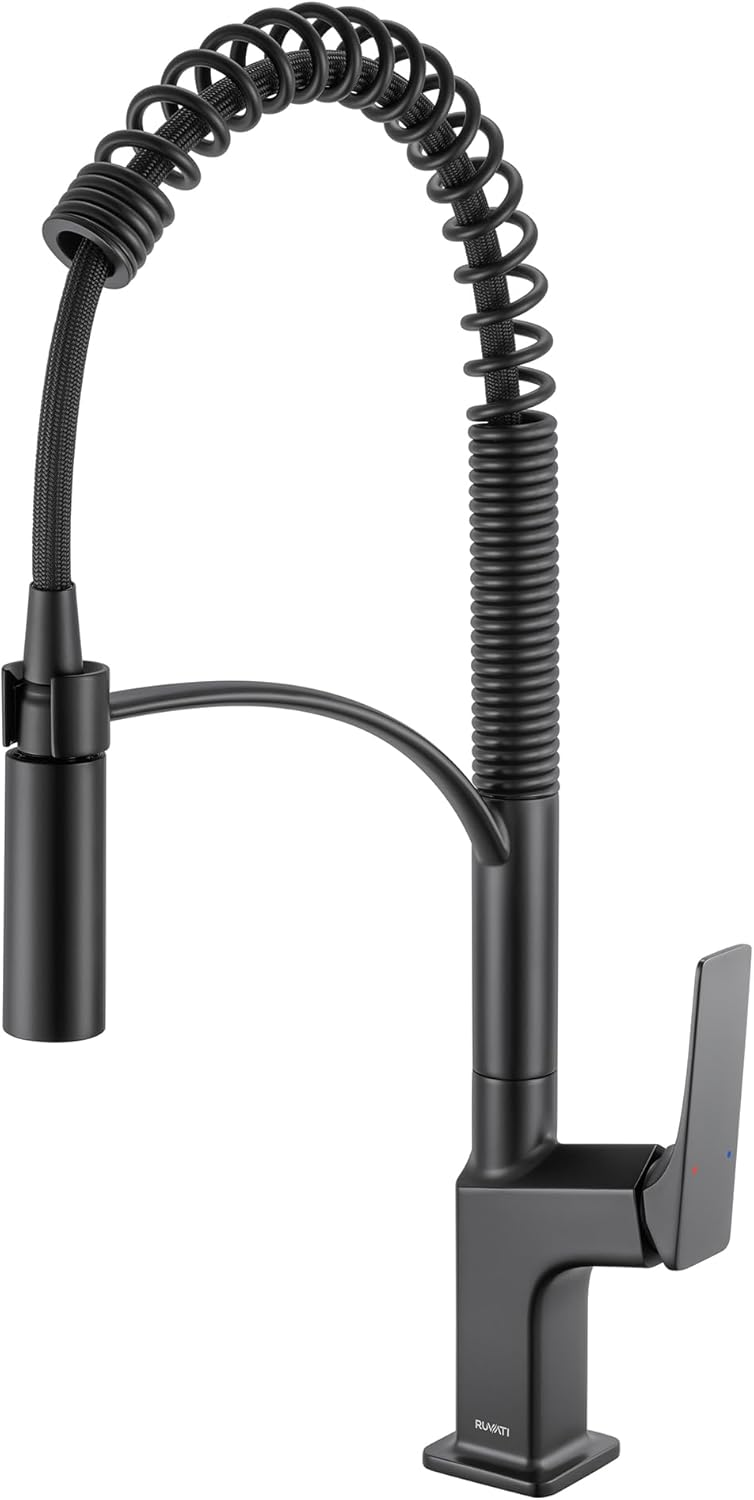Ruvati Seneca Matte Black Single Handle Pull Down Kitchen Faucet Spiral Pro Style with Pre-Rinse Spray Hose - RVF1236MB