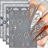 Dornail 4 Sheets 5D Embossed Filigree Nail Stickers Engraved Brown White Lace Necklace Nail Decals F