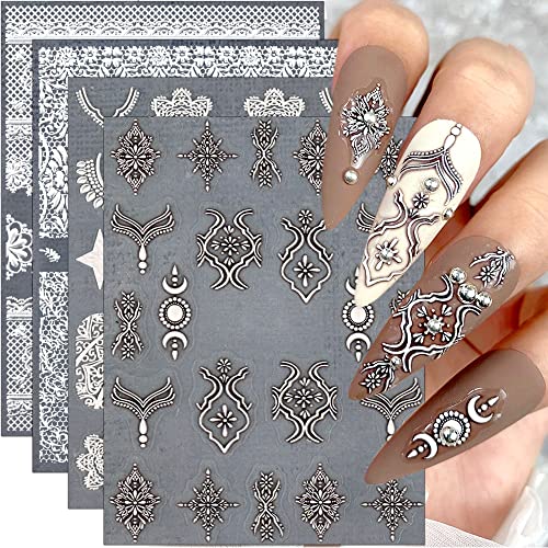Dornail 4 Sheets 5D Embossed Filigree Nail Stickers Engraved Brown White Lace Necklace Nail Decals Flowers Star Moon Carved Nail Art Stickers Diy Design Decoration Accessories #TOP13