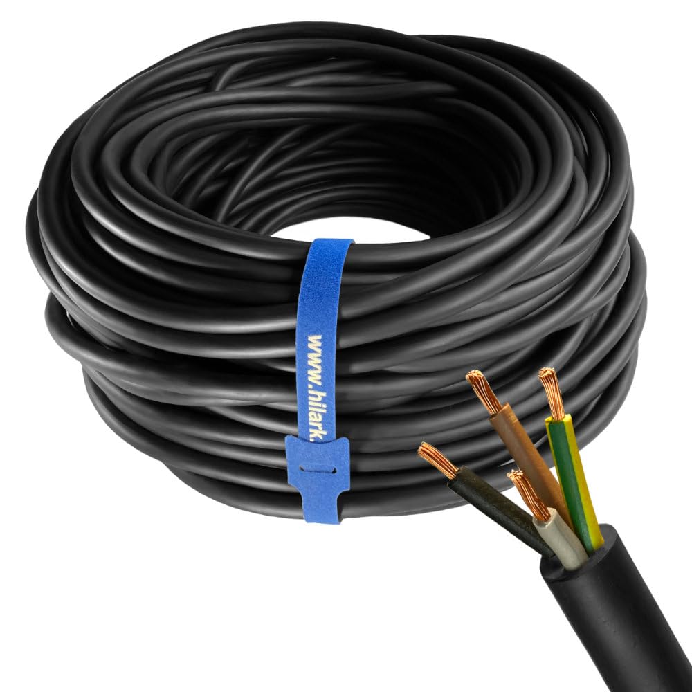 Hilark Cavo in gomma nera H07RN-F 4x2,5mm² 4g2,5mm Cavo per tubi di gomma Uso esterno (25 metri, Nero)