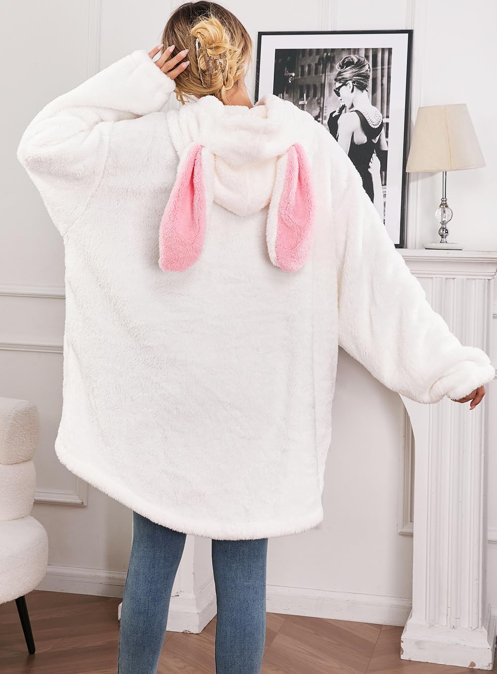 acdiac Fluffy Animal Blanket Hoodie,Unisex Bunny/Bear Ear Sweater Top Plush Shape Home Long Coat Pullover