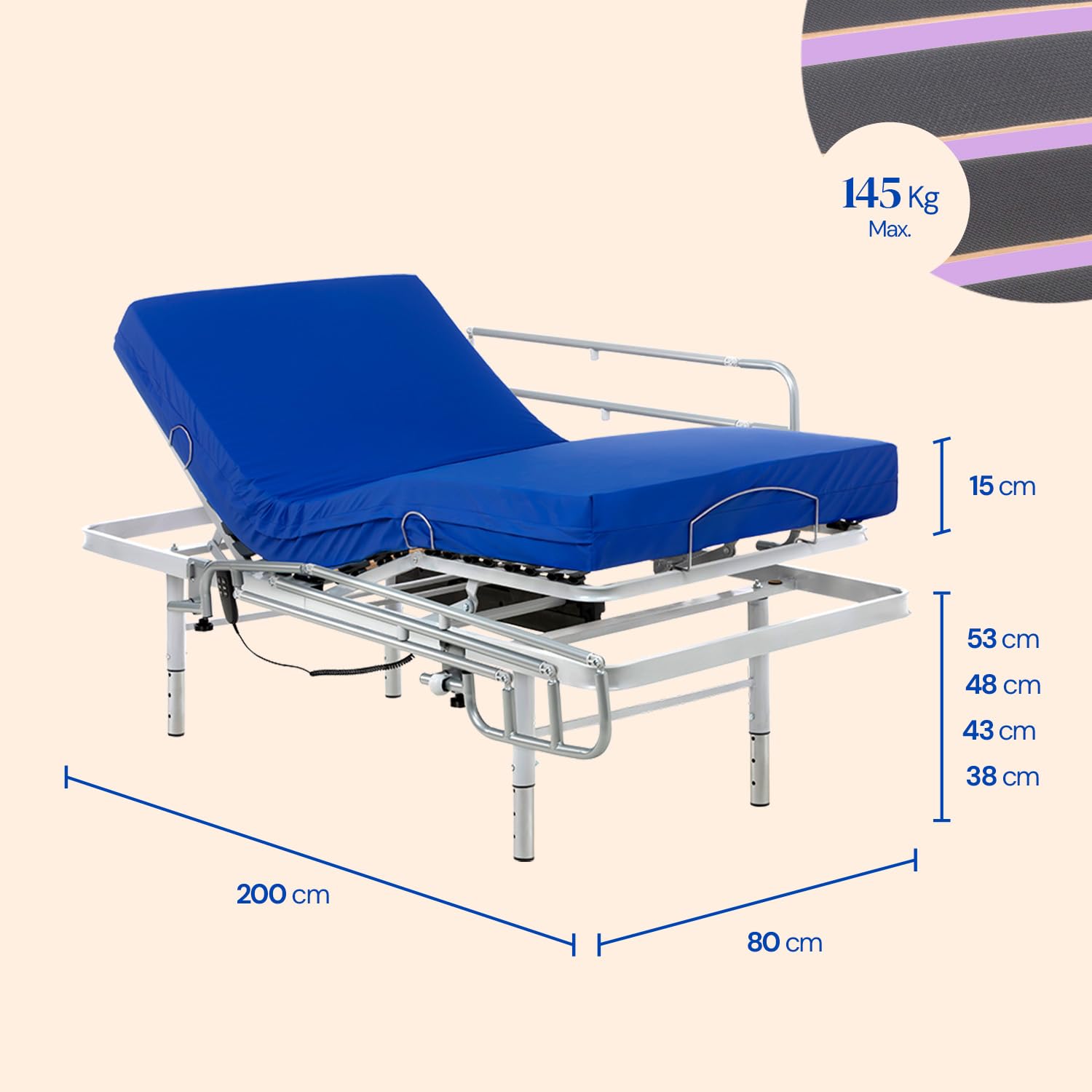 Geriafy – Letto elettrico con gambe regolabili in altezza e materasso HR Professional | Fodera impermeabile | 80x200 cm + sponde