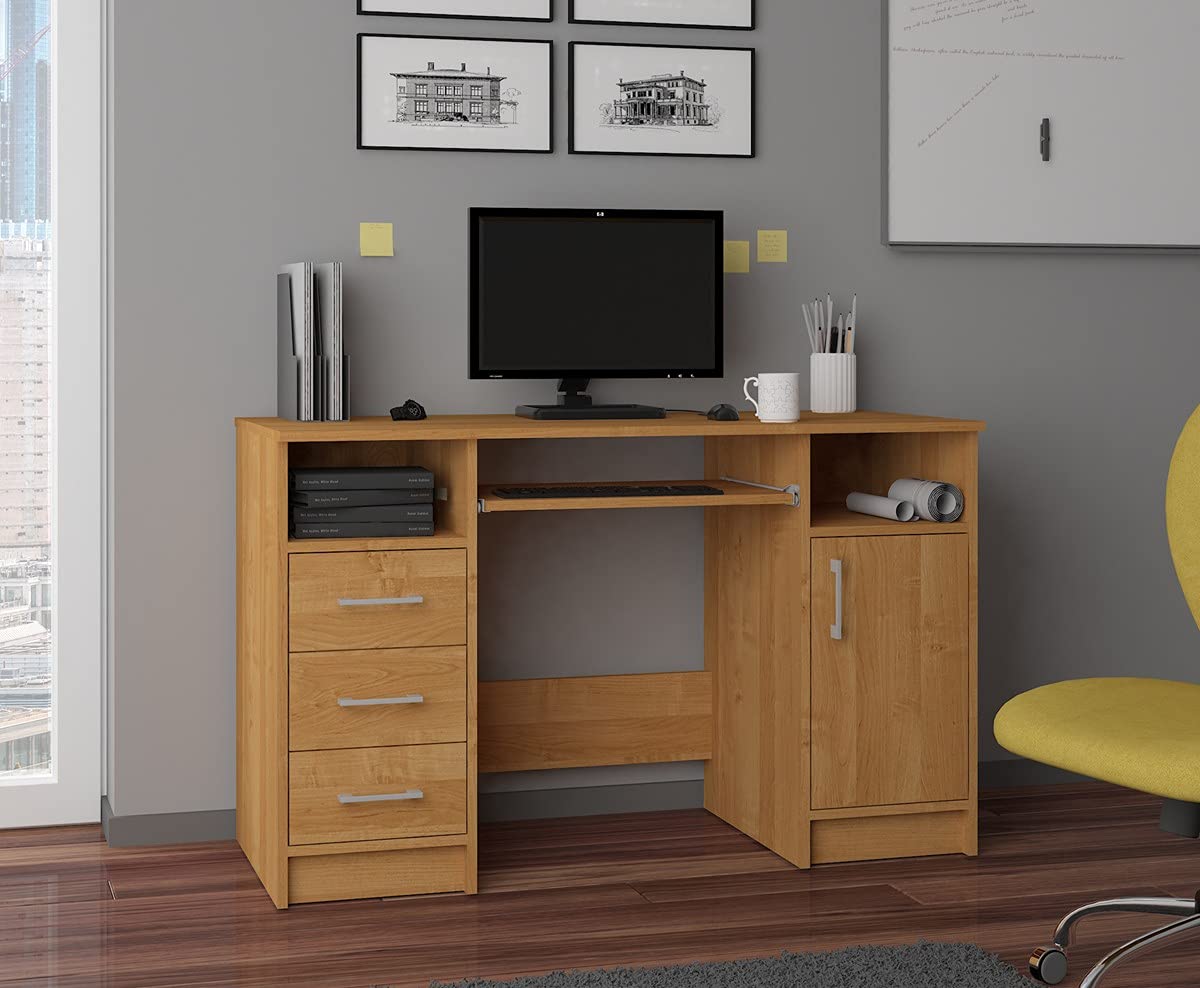 AKORD Schreibtisch ANA 124 cm | mit 1 Tür und 3 Schubladen | Office Desk | Computertisch | Bürotisch | PC-Schreibtisch | B124 x H74 x T52 cm | Gewicht 46,40 kg | Erle/Erle