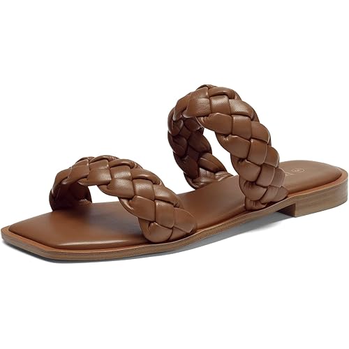 DREAM PAIRS Women's Braided Sandals Slip on Slides Two Straps Square Toe Dressy for Summer