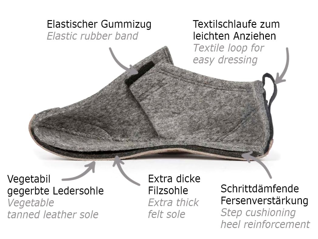 WoolFit Taiga Hausschuhe mit Ledersohle - moderne Hüttenschuhe unisex, Gr. 36-50