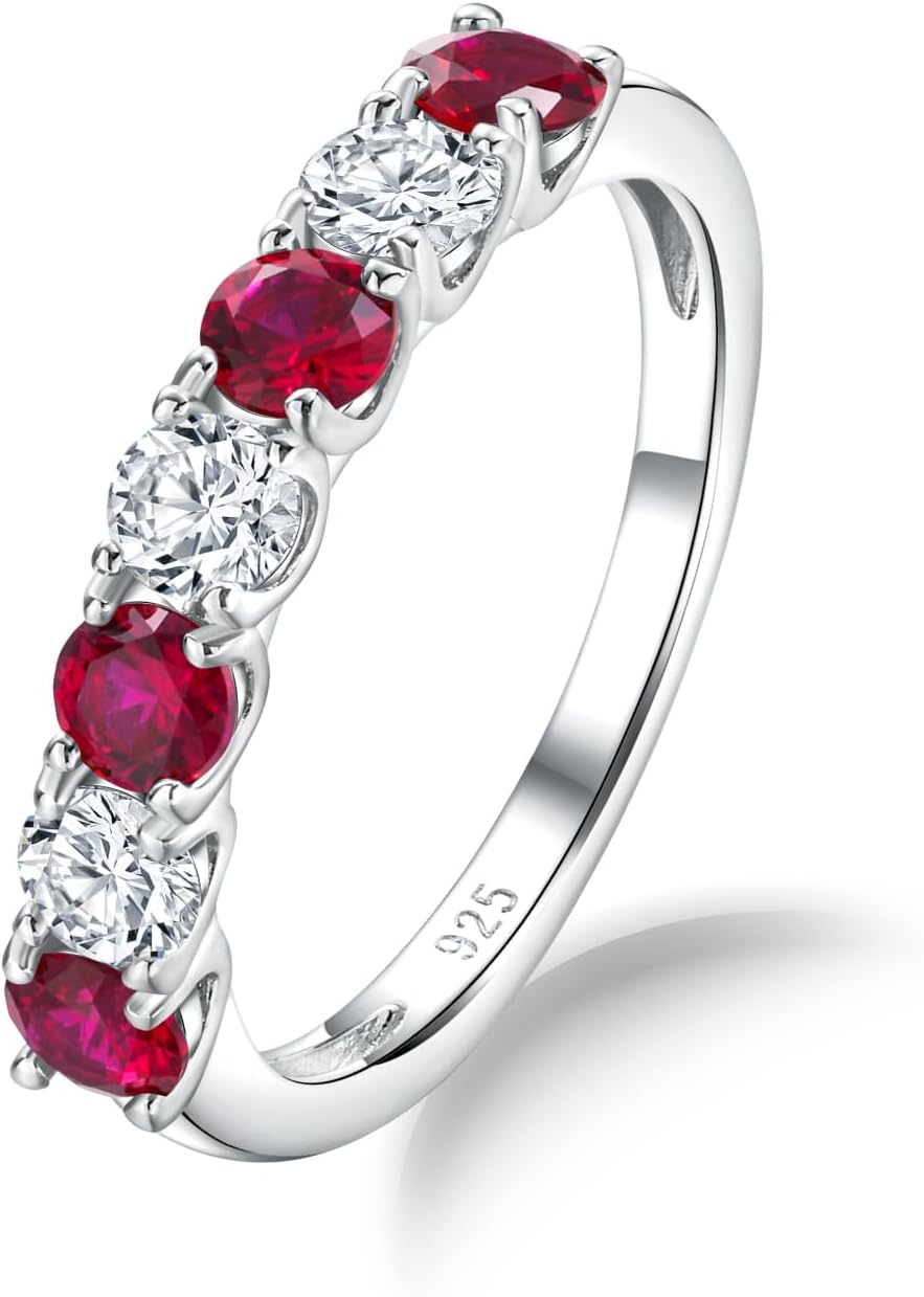 AIBAO Amethyst/Emerald/Ruby/Sapphire Half Eternity Band Rings for Women Sterling Silver Birthstone Stackable Rings Size 6 to 10 Anniversrty Valentines Mother's Day Jewelry Gift with Box