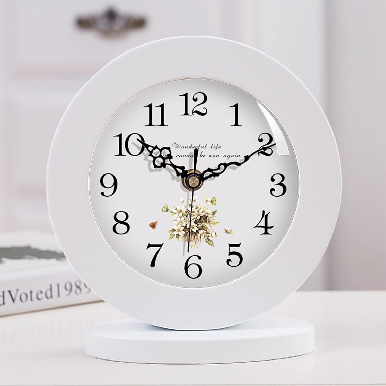 Desk Clock,Modern White Mini 8 Inches Silent Non-Ticking Wooden Table Clock for Home, Office, Living Room, Bed Room Ornaments Mantel Clock/Color 3/19.5 18 3cm,