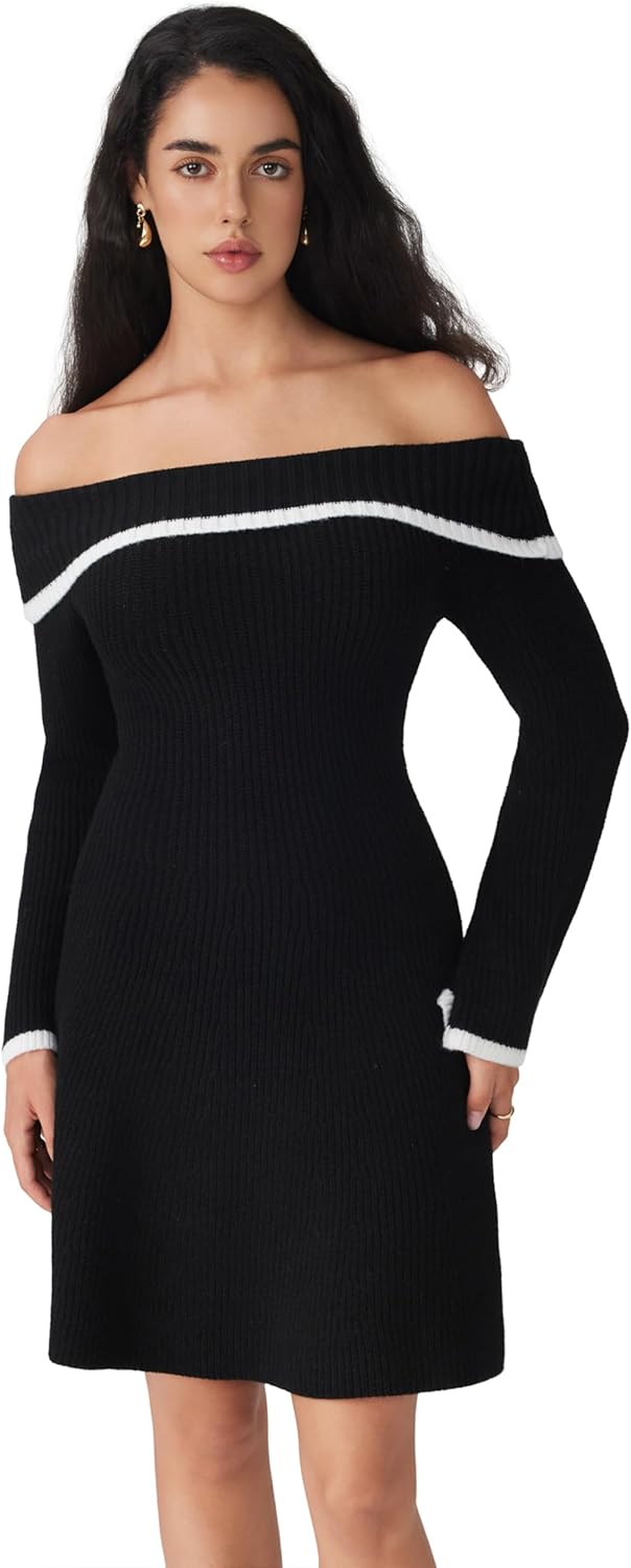 CIDER Womens Sweater Dresses Off The Shoulder Long Sleeve Color Block A Line Mini Dress Fall Party Outfits - Image 3